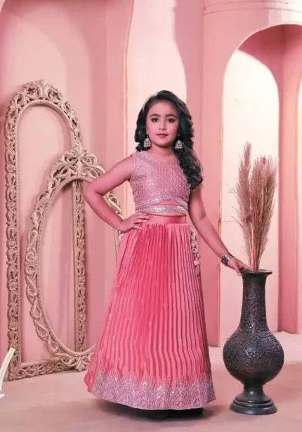 pink color Chinon Silk Stitched Lehenga For Kids