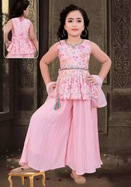 Pink color Floral Digital Printed Top and Palazzo for Kids