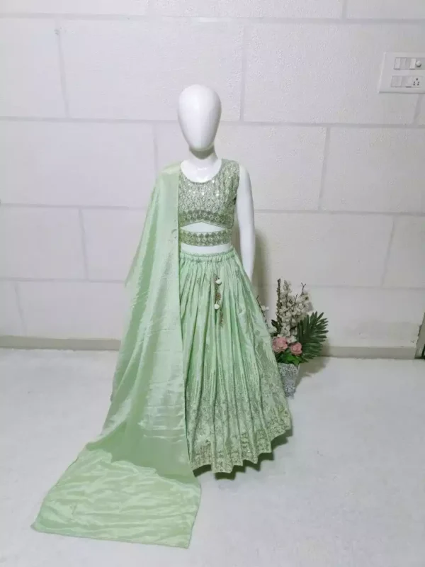 pista color Chinon Silk Stitched Lehenga For Kids