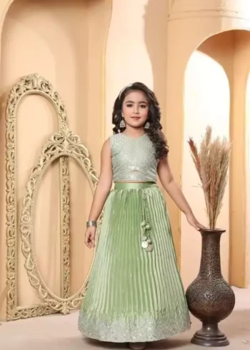 pista color Chinon Silk Stitched Lehenga For Kids