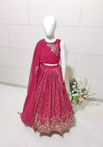 red color Sequins Embroidered faux georgette Kids Lehenga Choli