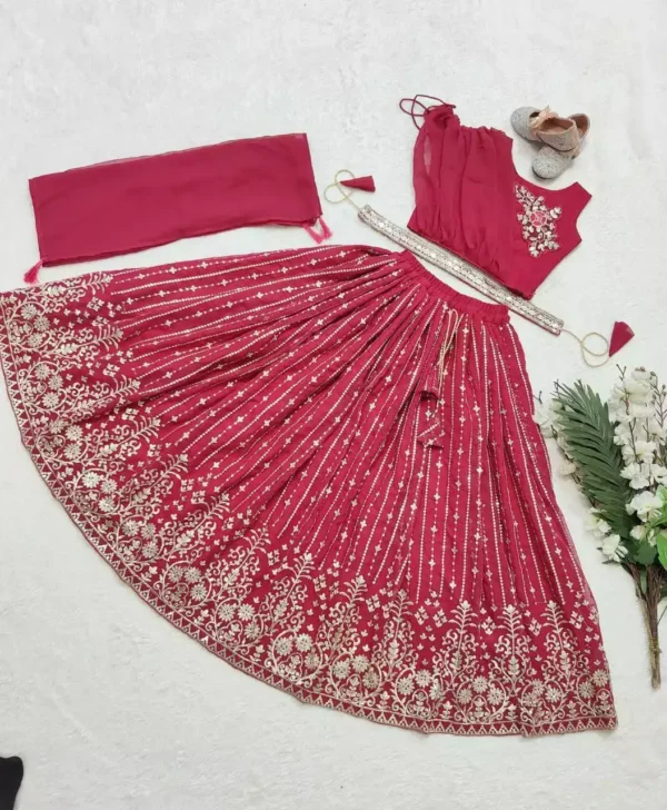 red color Sequins Embroidered faux georgette Kids Lehenga Choli