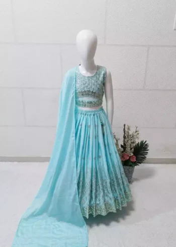 Sky blue color Chinon Silk Stitched Lehenga For Kids