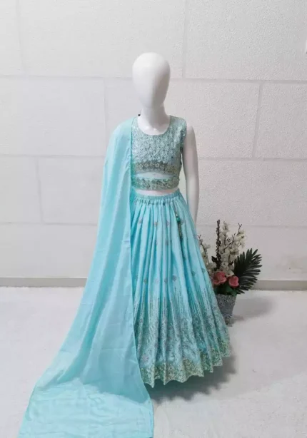 Sky blue color Chinon Silk Stitched Lehenga For Kids