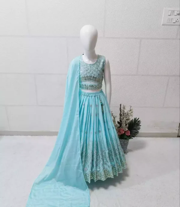 Sky blue color Chinon Silk Stitched Lehenga For Kids