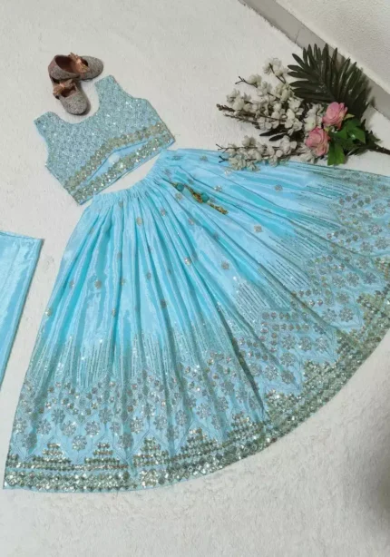 Sky blue color Chinon Silk Stitched Lehenga For Kids