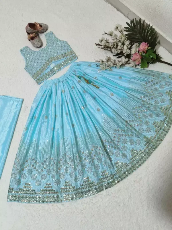 Sky blue color Chinon Silk Stitched Lehenga For Kids