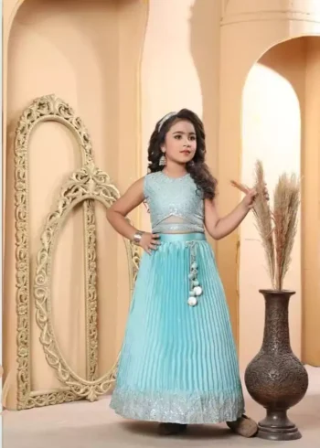 Sky blue color Chinon Silk Stitched Lehenga For Kids