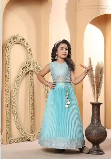 Sky blue color Chinon Silk Stitched Lehenga For Kids