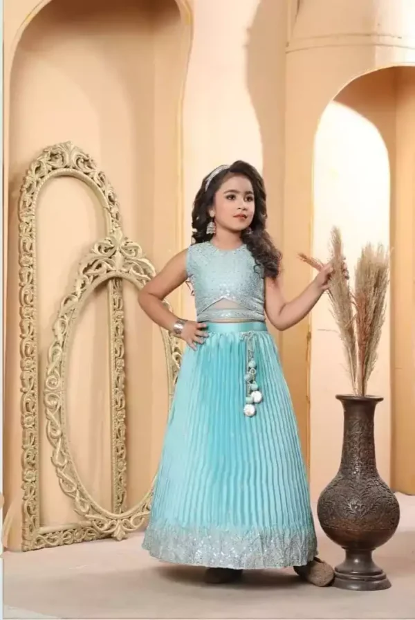 Sky blue color Chinon Silk Stitched Lehenga For Kids