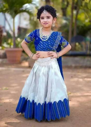 blue color South Indian Style Chinon silk Kids Lehenga Choli