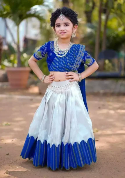 blue color South Indian Style Chinon silk Kids Lehenga Choli