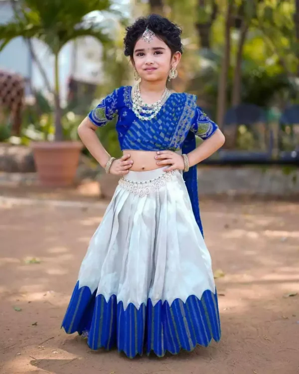 blue color South Indian Style Chinon silk Kids Lehenga Choli