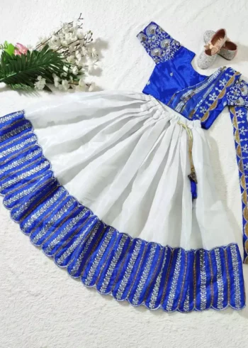 blue color South Indian Style Chinon silk Kids Lehenga Choli