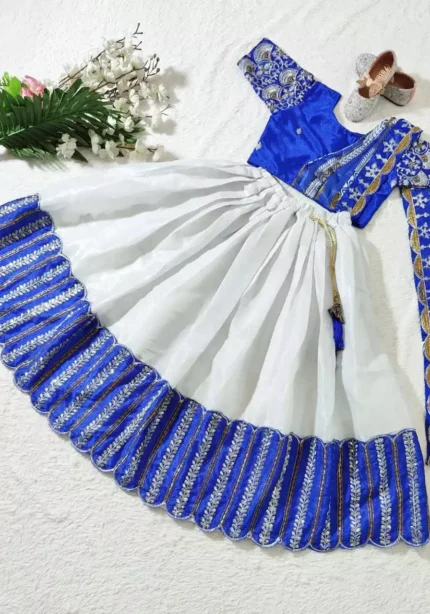 blue color South Indian Style Chinon silk Kids Lehenga Choli