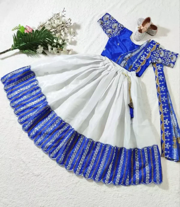 blue color South Indian Style Chinon silk Kids Lehenga Choli