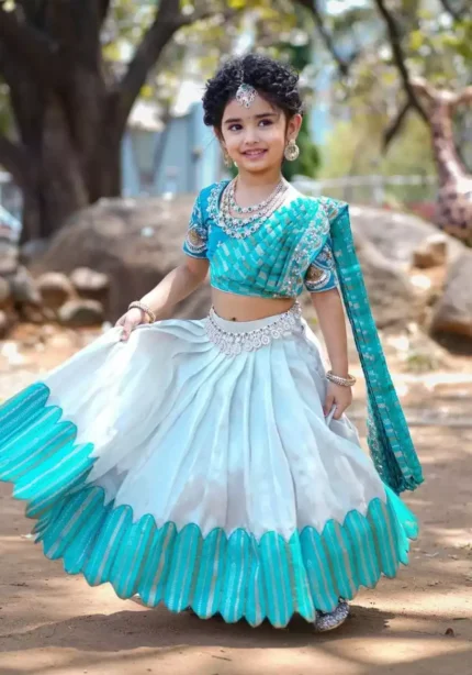 sky blue color South Indian Style Chinon silk Kids Lehenga Choli