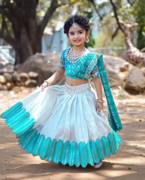 sky blue color South Indian Style Chinon silk Kids Lehenga Choli