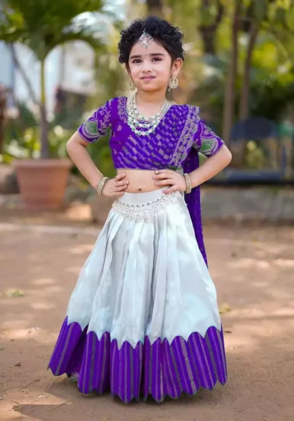 purple color South Indian Style Chinon silk Kids Lehenga Choli