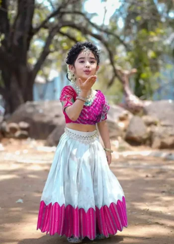 pink blue color South Indian Style Chinon silk Kids Lehenga Choli