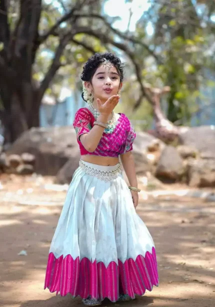 pink blue color South Indian Style Chinon silk Kids Lehenga Choli