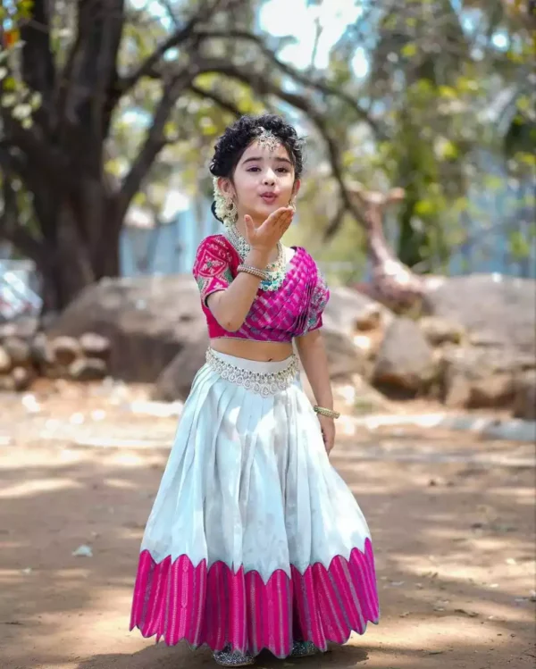 pink blue color South Indian Style Chinon silk Kids Lehenga Choli