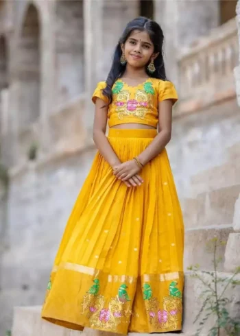 yellow color Chinon silk sequins embroidered kids lehenga