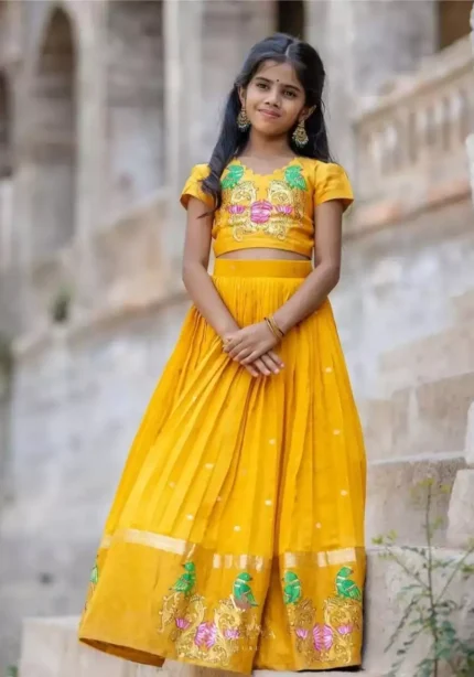 yellow color Chinon silk sequins embroidered kids lehenga