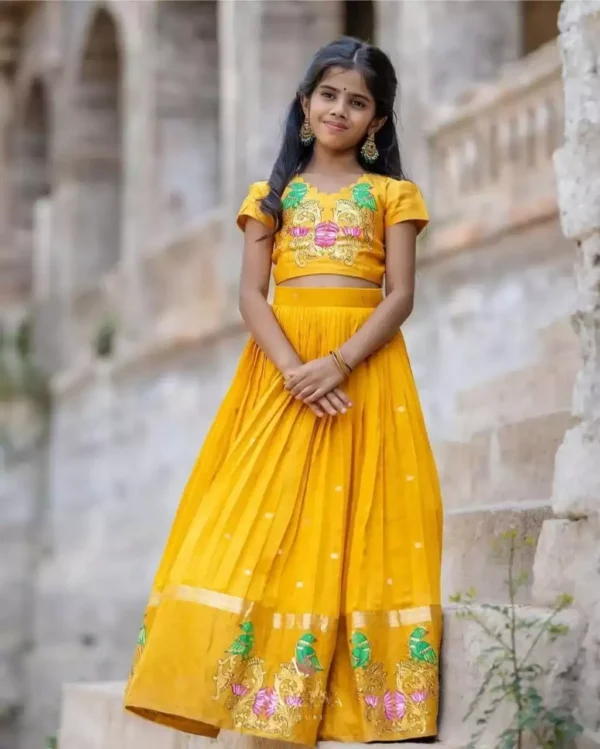 yellow color Chinon silk sequins embroidered kids lehenga