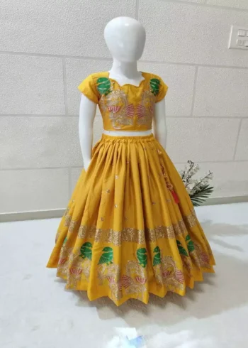 yellow color Chinon silk sequins embroidered kids lehenga