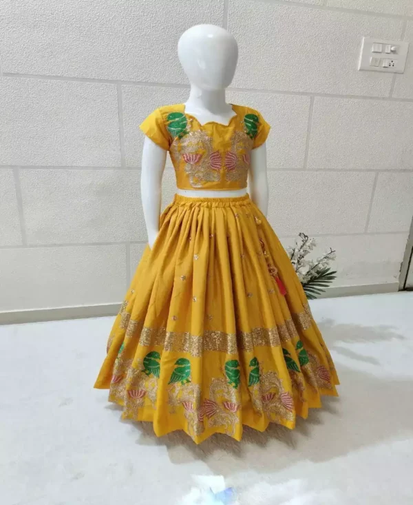 yellow color Chinon silk sequins embroidered kids lehenga