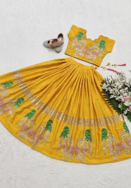 yellow color Chinon silk sequins embroidered kids lehenga