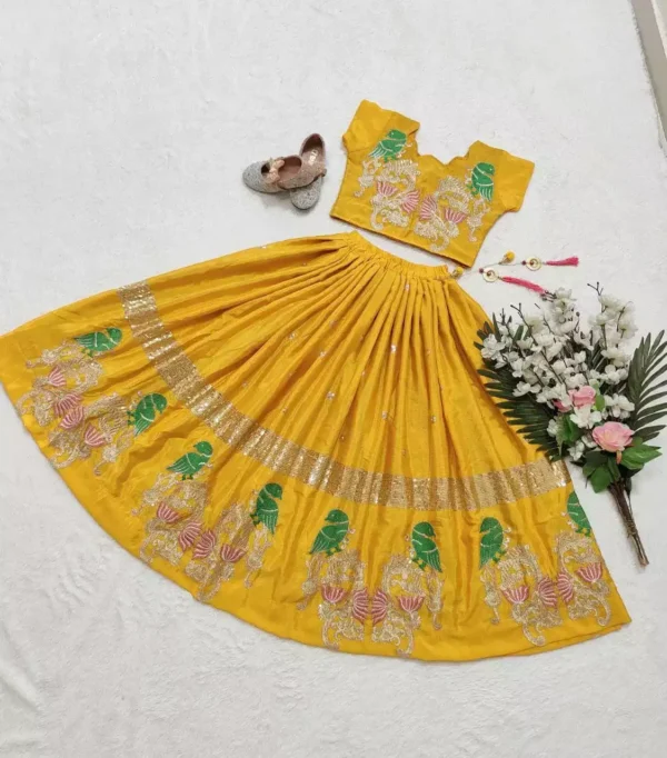 yellow color Chinon silk sequins embroidered kids lehenga