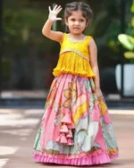 Yellow multi color kalamkari printed lehenga for kids