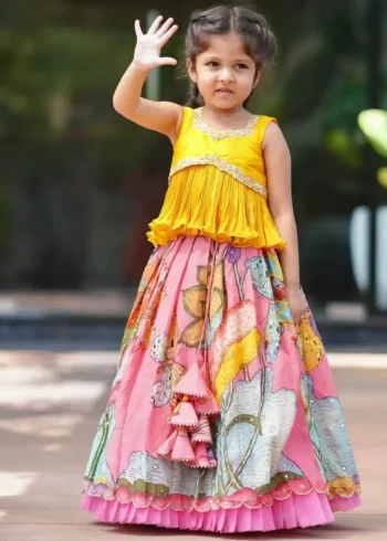 Yellow multi color kalamkari printed lehenga for kids