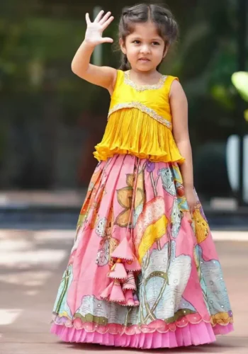 Yellow multi color kalamkari printed kids lehenga choli