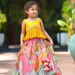 Yellow multi color kalamkari printed kids lehenga choli