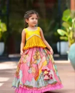 Yellow multi color kalamkari printed kids lehenga choli