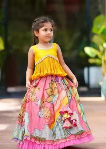 Yellow multi color kalamkari printed kids lehenga choli