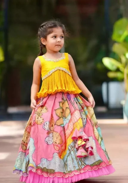 Yellow multi color kalamkari printed kids lehenga choli