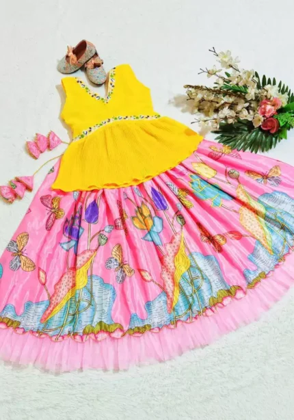 Yellow multi color kalamkari printed kids lehenga choli