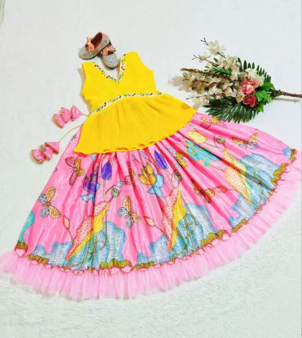 Yellow multi color kalamkari printed kids lehenga choli