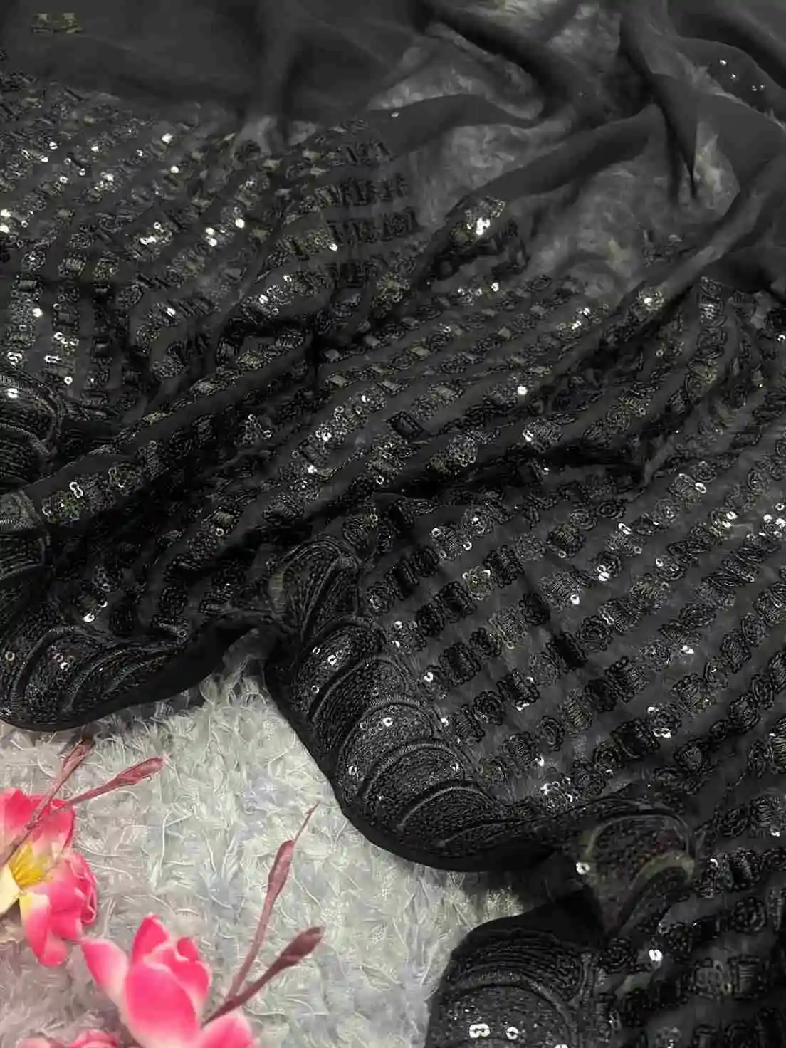 Soft Georgette Sequins Embroidered Black Saree for Party