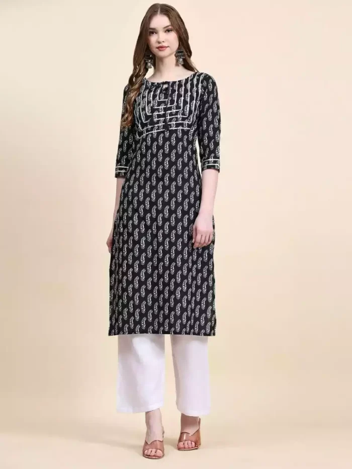 black jaipuri cotton kurta and bottom set front min