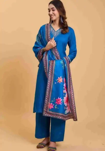 blue color V Neck Rayon Handwork Embroidered Kurti with Palazzo