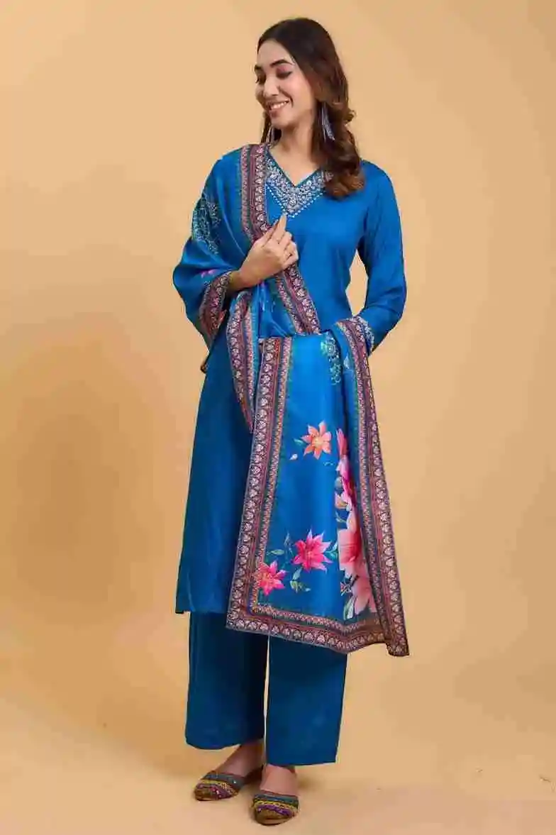 blue color V Neck Rayon Handwork Embroidered Kurti with Palazzo