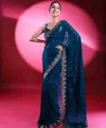 blue color Viscose Thread Sequins Work Lace Border Saree for Party