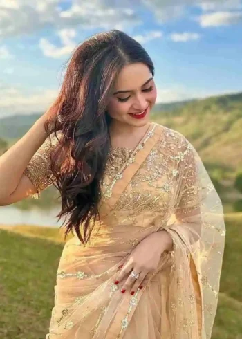 Golden Color Soft Net Embroidered Saree for Party