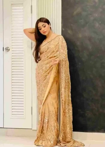 golden color party wear heavy georgette fabric designer saree