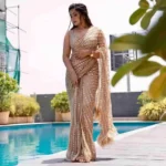 golden color Soft Net Feather Lace Sequins Party Wear Saree